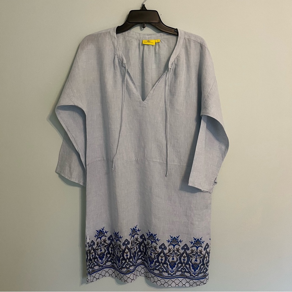 ROBERTA ROLLER RABBIT Size S Blue Print Linen Tunic Shift Dress  Keyhole Beach